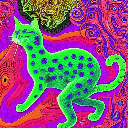 Prompt: psychedelic creative imaginative detailed digital painting of a cat growing entirely out of a fungus