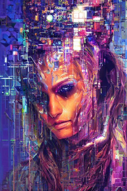 Prompt: portrait, headshot, digital painting, an beautiful techno - shaman lady in circuit electronic mask, opalescent, synthwave, glitch, radial glass fracture, realistic, hyperdetailed, chiaroscuro, concept art, art by john berkey