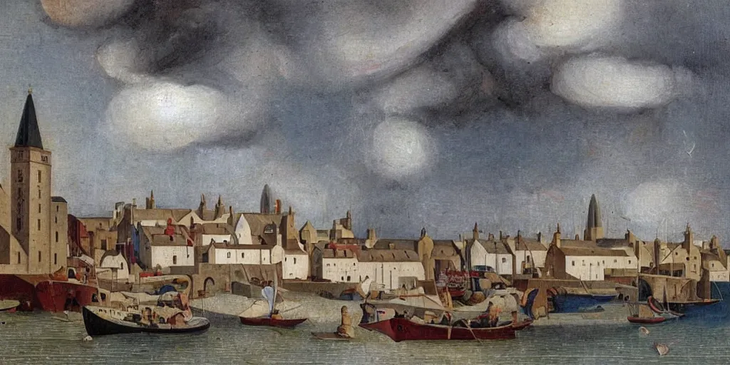 Prompt: a painting of the harbour at Kirkwall, orkney islands, small houses, boats, a cathedral, crowds gather, sea, stormy clouds, by Fra Angelico