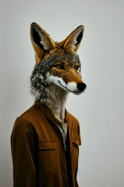 Image similar to furry anthro anthropomorphic portrait of a coyote head animal person fursona standing in a plain white room professional studio photo