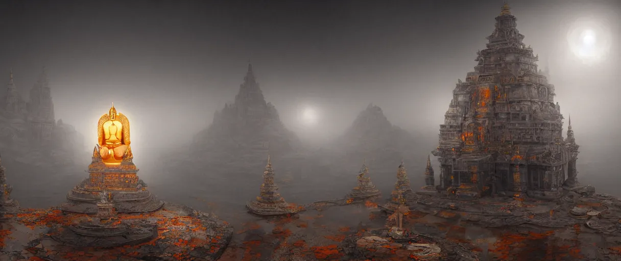 Prompt: a single detailed robotic buddha with an orange robe, high camera angle, mystic atmosphere, a detailed metallic temple on a misty mountain, shiny reflections, high detailed robotic airships, volumetric fog, perspective painting, atmospheric shot, cinematic establishing shot, high detail digital painting, in the style of brian despain, dystopian, unreal engine, maya