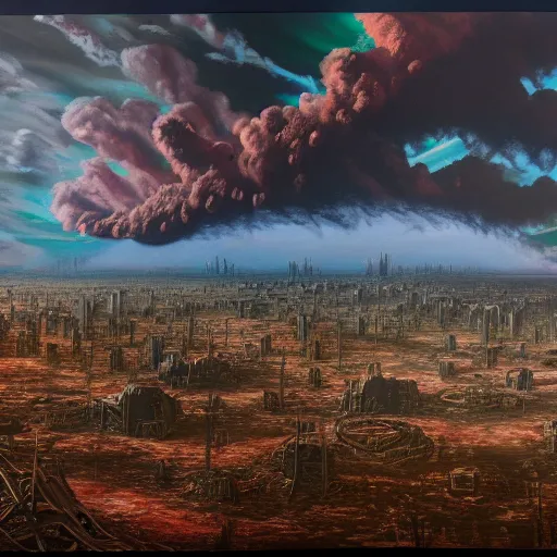 Image similar to a post-apocalyptic civilisation after a nuclear war has ravaged the land, oil on canvas, pastel colours, uplifting, 8k render, extremely detailed