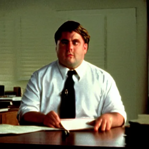 Image similar to clean - shaven chubby white man wearing a shirt and necktie sitting at a desk, 1 9 8 9 movie still, cinematography, cinematic lighting