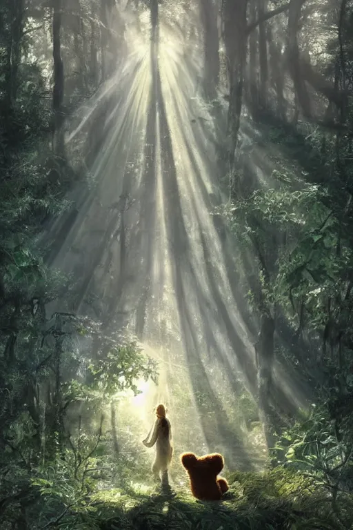 Image similar to mean fluffy teddybear protecting girl in a forest with rays of light coming through the canopy, masterpiece, dystopian, sci-fi, extremely detailed, digital painting, sculpted in zbrush, artstation, concept art, smooth, sharp focus, illustration, chiaroscuro lighting, golden ratio, incredible art, artgerm, greg rutkowski, alphonse mucha, simon stalenhag, carravaggio