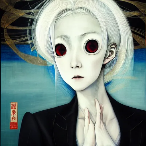 Image similar to yoshitaka amano blurred and dreamy realistic portrait of a woman with white hair and black eyes wearing dress suit with tie, junji ito abstract patterns in the background, satoshi kon anime, noisy film grain effect, highly detailed, renaissance oil painting, weird portrait angle, blurred lost edges, three quarter view