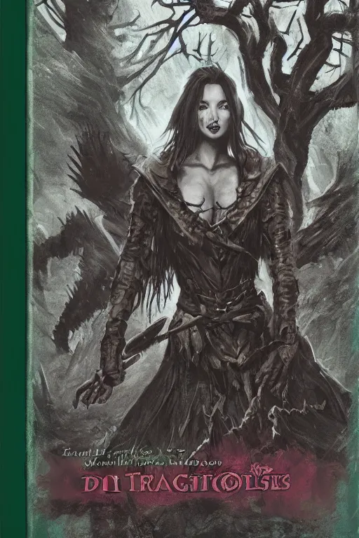 Image similar to dramatic dark forest scenery, girl with fangs in hide leather armor, D&D book-cover