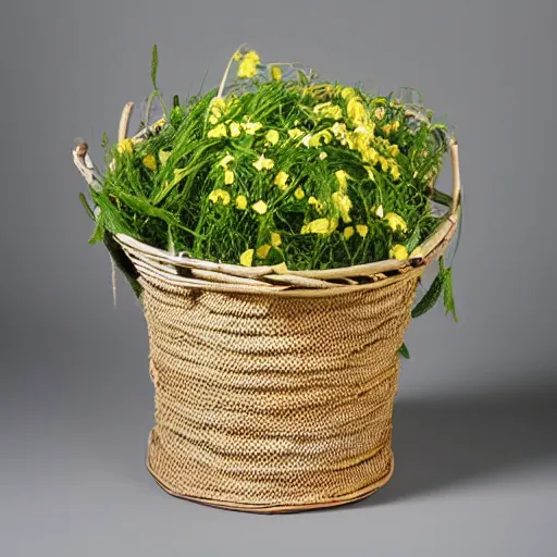 Image similar to a basket woven from green flower stems