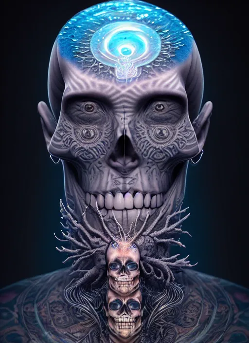 Image similar to 3 d shaman with tattoos profile portrait, sigma 5 0 0 mm f / 5. beautiful intricate highly detailed skull. bioluminescent, plasma, frost, water, wind, creature, gradient background, thunderstorm! artwork by tooth wu and wlop and beeple and greg rutkowski, 8 k trending on artstation,