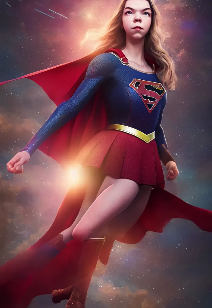 Image similar to cute gourgeous beautiful anya taylor joy as supergirl. intricate abstract. intricate artwork. by tooth wu, wlop, beeple, dan mumford. octane render, trending on artstation, greg rutkowski very coherent symmetrical artwork. cinematic, hyper realism, high detail, octane render, 8 k, iridescent accents