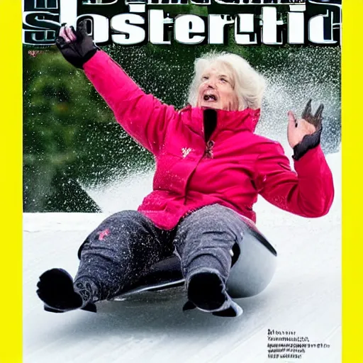 Prompt: sports illustrated photo, an elderly woman sliding down an incredibly long ice luge on her back at incredibly high speeds