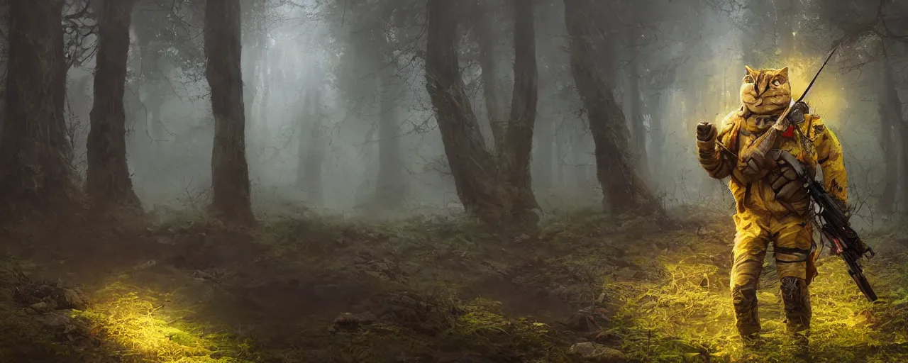 Prompt: portait of a cute humanoid cat soldier wearing a yellow raincoat, venturing through a dense forest, carrying a rifle. realistic 4 k octane render, epic composition, magical atmosphere, ultra hd, masterpiece by petros afshar and rembrandt, trending on artstation, looking back over shoulder, pastel colors, extremely detailed, gorgeous centered