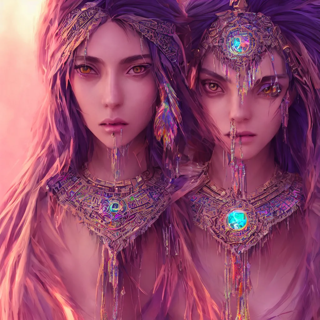 Image similar to portrait highly detailed beautiful symmetrical face high priestess intricate elegant detailed crystal jewellery with tribal feathers, lush colourful volumetric lighting, anime digital painting, concept art, smooth, sharp focus 3 d, divine realm of gods, realistic cinematic style, octane render, photographic, unreal engine 8 k