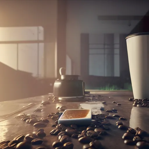 Image similar to : sloppy old cup of coffee spilling everywhere unrealengine ,cinematic, hyper realism, high detail, octane render, 8k