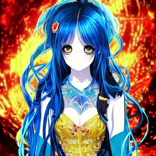 Image similar to a teenage anime girl wearing a very high intricate detailed dress made out of blue fire , full body, very long black/red hair, one yellow and one blue eye, intense stare, cinematic lighting, medium shot, MCU, trending on artstation, CSP, Photoshop, WLOP, Rossdraws, James Jean, Andrei Riabovitchev, Marc Simonetti, Anastasia Ovchinnikova, Véronique Meignaud, BEN MAIER and Sakimichan