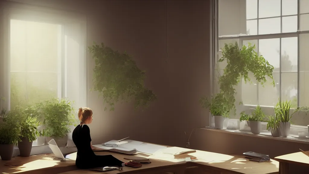 Image similar to peaceful dreamy painting of a young woman sitting at a desk with a black cat, sunshine coming through the window, small plants on the window sill, 8k, hyper realism, trending on artstation, octane render, dynamic lighting