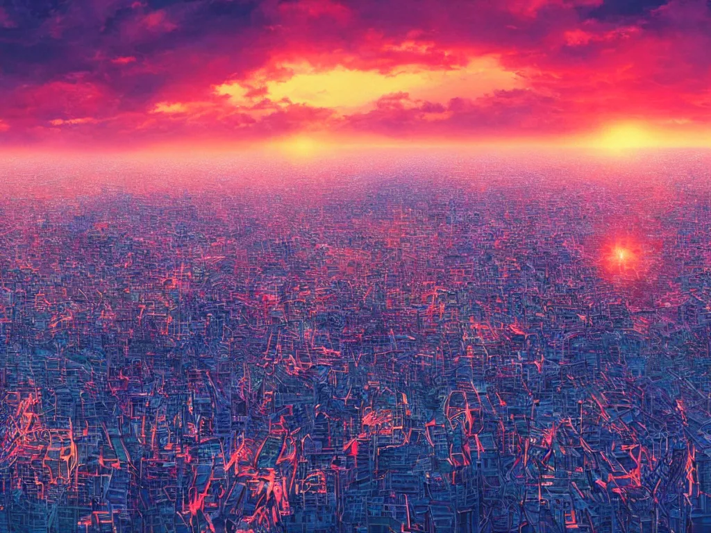 Prompt: birdseye view of a colorful sunrise over city surrounded by clouds, art by yoshitaka amano and alena aenami, cg society, cityscape