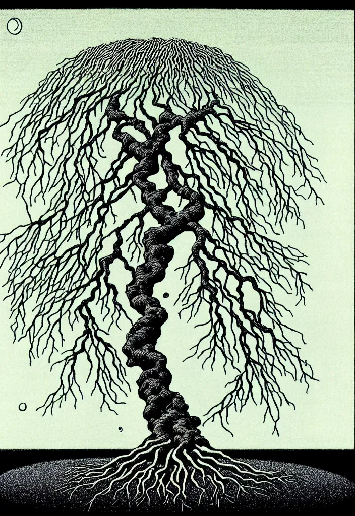 Image similar to prompt: magical white skeleton Bonsai tree roots merging into big moon drawn by Rene Magritte, Japanese woodblock print style, clean ink detailed line drawing, intricate detail, manga 1990