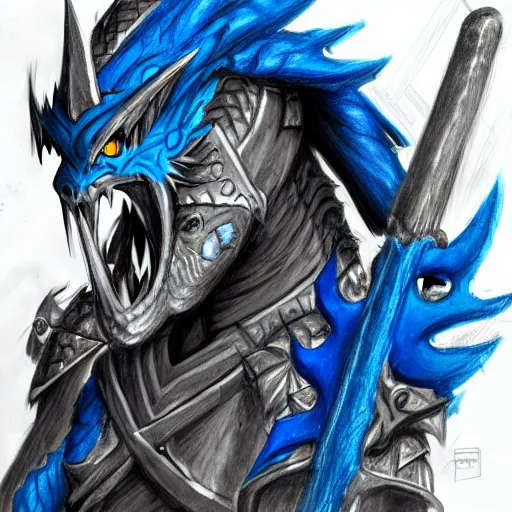 Image similar to fantasy concept art; portrait of a blue dragonborn wielding an axe; barbarian clothing; detailed sketch