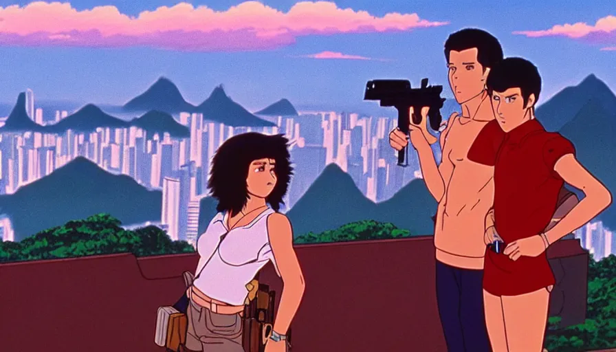 Image similar to 1 9 8 6 movie screencap of a couple with a gun on a rio de janeiro, gucci clothes, studio ghibli sky, beautiful favela background extremely utra high quality artwork 8 k