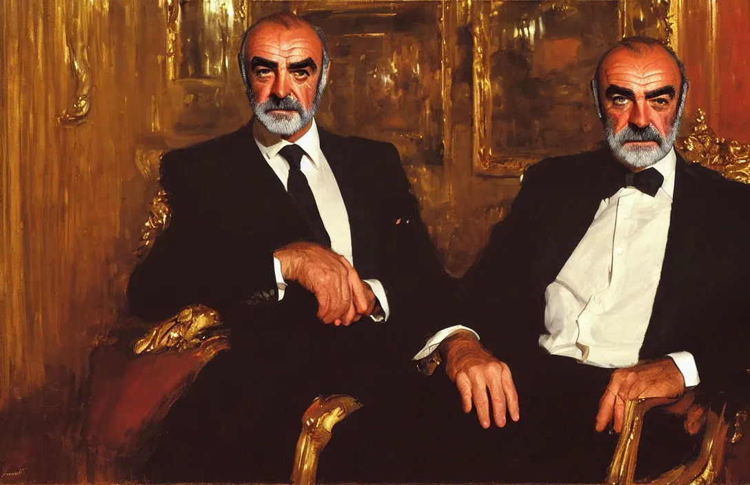 Image similar to portrait of sean connery!!!!!!!!!!!!!!!!!!!!!!!!!!!, detailed face, detailed painting, detailed no. 1 0 downing street, epic lighting, by ilya repin and phil hale