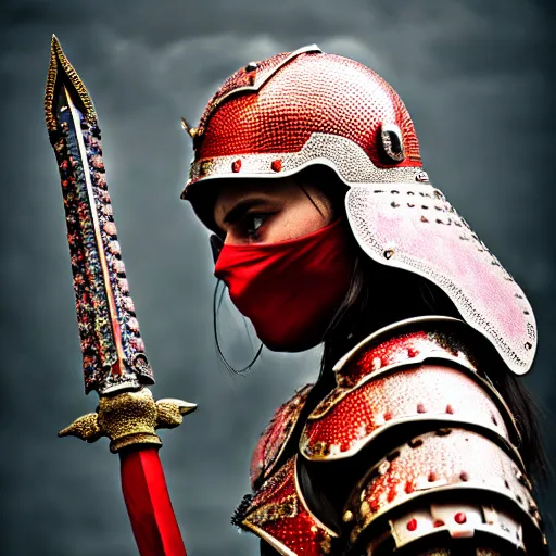 Prompt: photo of a real-life beautiful warrior with ruby encrusted armour