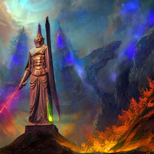 Image similar to A large statue of a wizard guarding the entrance to a multiverse portal, landscape art, concept art, fantasy, inspiring, colossus of rhodes, bright lighting, colorful