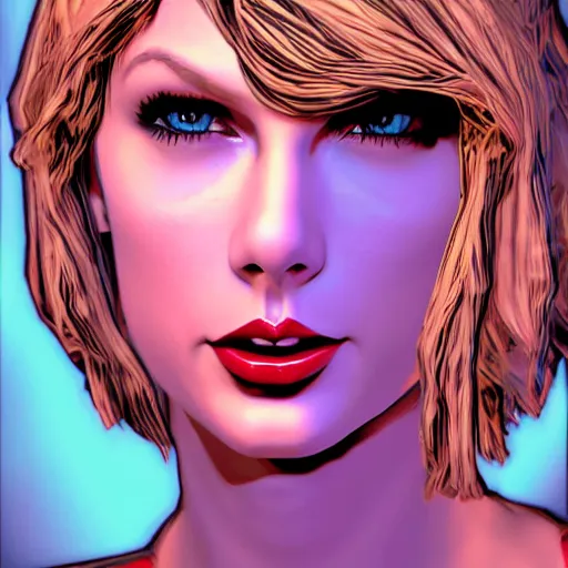 Image similar to taylor swift portrait, borderlands, tales from the borderlands, the wolf among us, comic, cinematic lighting, studio quality, 8 k