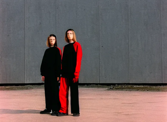 Image similar to cinestill 5 0 d closeup photographic portrait of two clones in front of a brutalist metal building, techwear women, on a desolate plain, red sky, black oversized clothes, depth of field, 4 k, 8 k, hd, full color