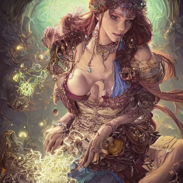 Image similar to the portrait of chaotic good female druid alchemist as absurdly beautiful, gorgeous, elegant, young gravure idol, an ultrafine hyperdetailed illustration by kim jung gi, irakli nadar, intricate linework, sharp focus, bright colors, octopath traveler, final fantasy, unreal engine 5 highly rendered, global illumination, radiant light, detailed and intricate environment