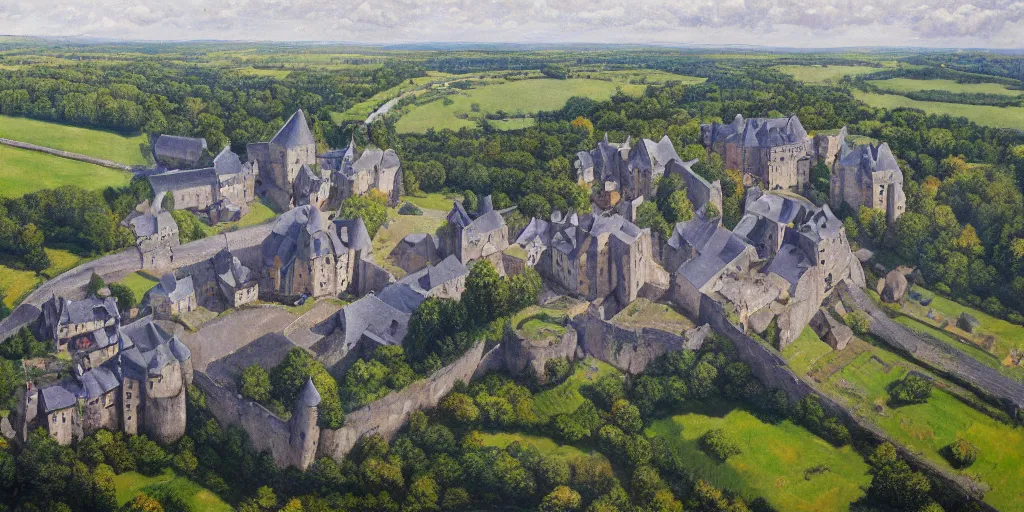 Prompt: aerial view of chateau de fougeres, oil painting highly detailed, artstation