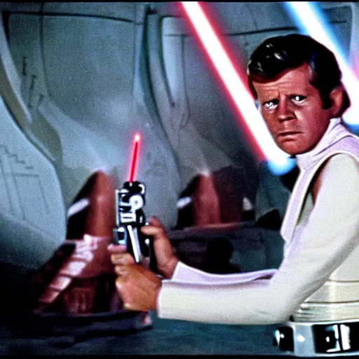 Prompt: a still frame from the movie star wars a new hope, starring jfk