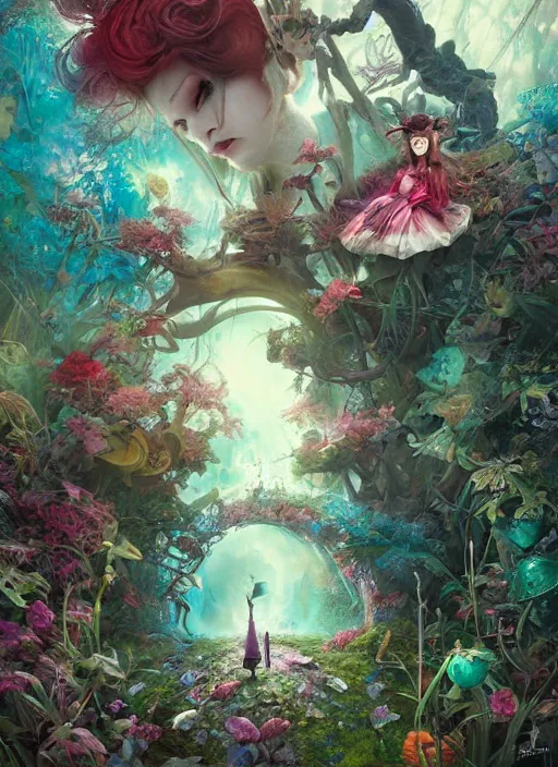 Image similar to alice in wonderland, solarpunk style, highly detailed, cinematic, 8 k, by megan duncanson, benjamin lacombe, adrian borda, stanley artgermm, tom bagshaw, craig mullins, carne griffiths, ayami kojima, beksinski, giger, trending on deviantart, hyper detailed, horror, full of colour