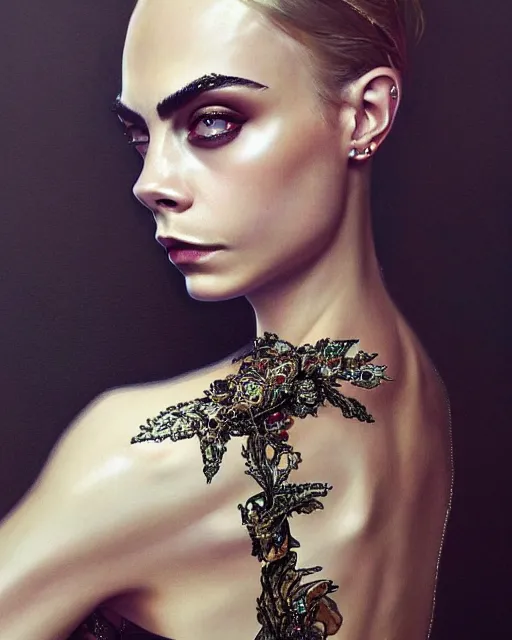 Prompt: portrait of cara delevingne wearing beautiful haute couture by Alexander McQueen, intricate, elegant, highly detailed, digital painting, artstation, concept art, smooth, sharp focus, illustration, art by artgerm and greg rutkowski and alphonse mucha