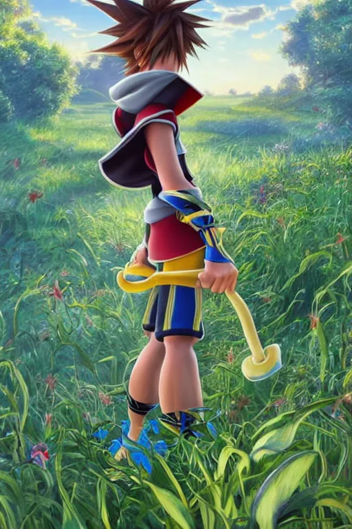 Image similar to sora from kingdom hearts, wavy hairstyle, highly detailed, in a magical lush field of overgrown plants, goofy and Donald Duck blurred in the background, digital painting, artstation, concept art, smooth, sharp focus, illustration, cinematic lighting, art by artgerm and greg rutkowski and alphonse mucha