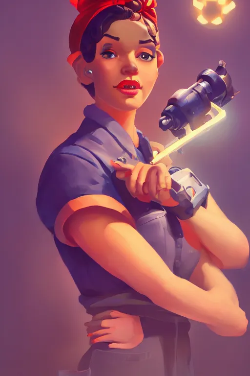 Prompt: a portrait of a cute rosie the riveter, industrial setting, overwatch art team, vivid colors, soft lighting, atmospheric, cinematic, moody, splash art in the style of ilya kuvshinov, oil on canvas, 8 k