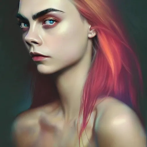 Image similar to cara delevingne, colorful oil painting by greg rutkowski, charlie bowater, yuumei, yanjun cheng, unreal 5, daz, hyperrealistic, octane render, rpg portrait, dynamic lighting, fantasy art, beautiful face