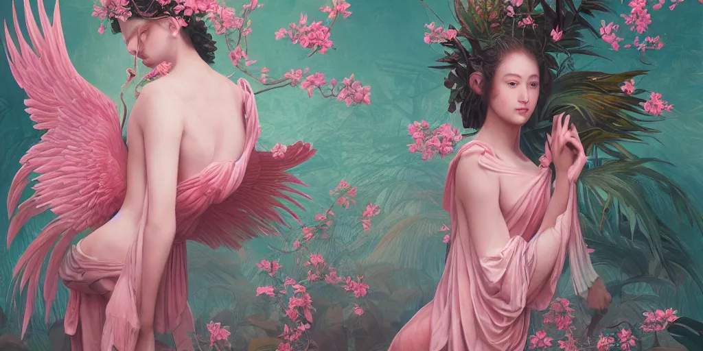 Prompt: breathtaking detailed concept art painting of the goddess of flamingo, orthodox saint, with anxious, piercing eyes, clean background, amalgamation of leaves and flowers, by Hsiao-Ron Cheng and John James Audubon, extremely moody lighting, 8K