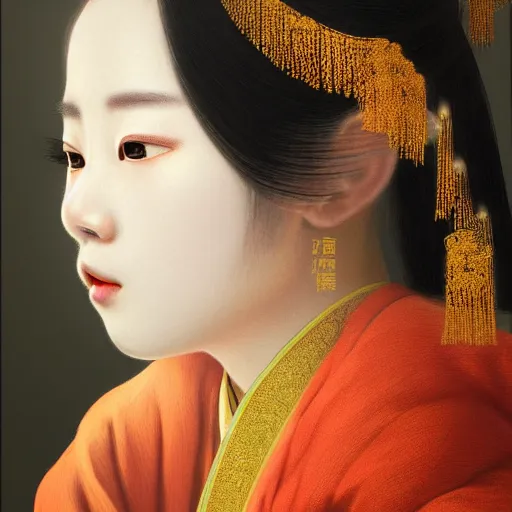 Prompt: hyper realism portrait of Chinese princess by Zhong, Fenghua and Ohara, Koson, stunning, detailing, artstation trending, perfect lighting, golden hour, face detailing