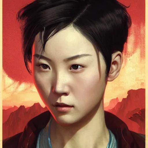 Image similar to Half portrait of a chinese woman with short hair as a character in Fallout 4 visiting a point of interest, gorgeous, beautiful, intricate, highly detailed, digital painting, artstation, oppressive lighting, concept art, sharp focus, illustration, art by greg rutkowski and alphonse mucha