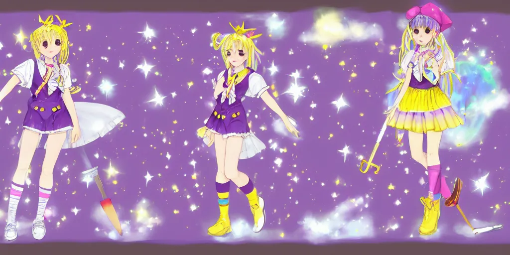 Prompt: A character sheet of a magical girl holding a paintbrush with short blond hair and freckles wearing an oversized purple Beret, Purple overall shorts, jester shoes, a flowing yellow scarf, and white leggings covered in stars. Rainbow accents on outfit. Concept Art. Card captor Sakura inspired. Sailor Moon Inspired. Madoka Magica Inspired. By Naoko Takeuchi. By CLAMP. By WLOP. JPOP Outfit. KPOP Outfit