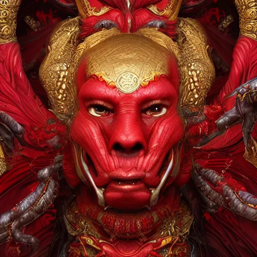 Prompt: The red alien, intricated traditional Chinese textures, rococo decorations, hyper detail, Unreal engine,Octane render, by Karol Bak