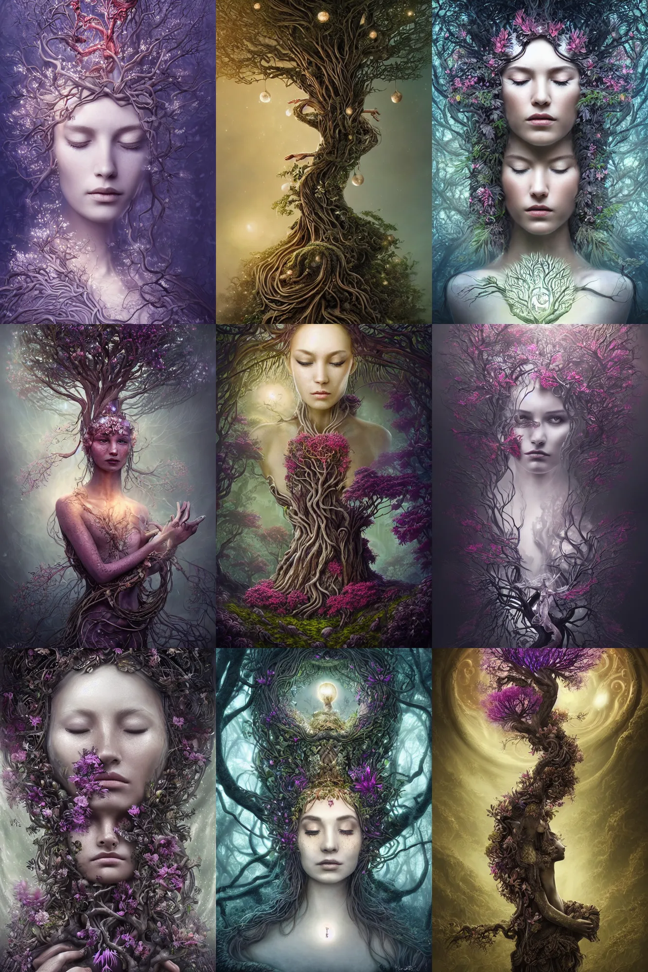 Prompt: a stunning ultra detailed fantasy fine art portrait of a sleeping tree goddess connected to sinuous barren trees, lit by glowing orbs, surrounded by blooming hibiscus and jasmine, misty night, very detailed, perfect face, sharp focus, 8 5 mm lens, soft ethereal lighting, artstation, 8 k, by tomasz alen kopera, igor morski and zach sutton
