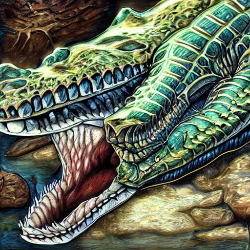 Image similar to digital art, a dissected crocodile with skin of water, muscles of fire and bones of aluminum