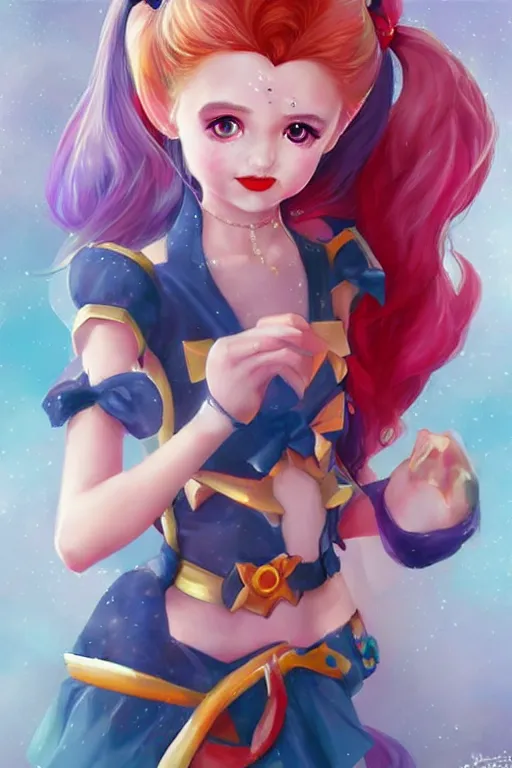 Image similar to a cute little princess inspired by Sailor Moon and Harley Quinn, highly detailed by ross tran, WLOP, artgerm