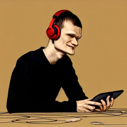 Prompt: vitalik buterin in big headphones with closed eyes listens to music and smiles, wayne barlow, bao pham, donato giancola, larry elmore, masterpiece, trending on artstation, featured on pixiv, cinematic composition, beautiful lighting, sharp, details, hyper - detailed, hdr, 4 k, 8 k