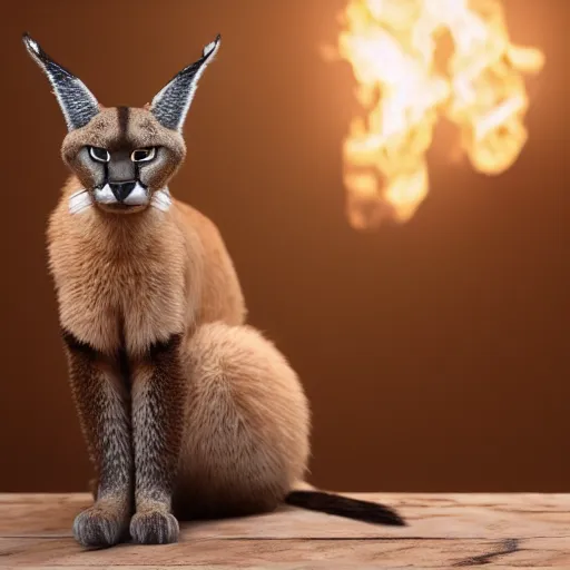 Prompt: wide-angle photo of cute caracal sitting on a wooden chair near a table in a room, flames of fire at background, octane render, 3d, 8k , hd, studio light