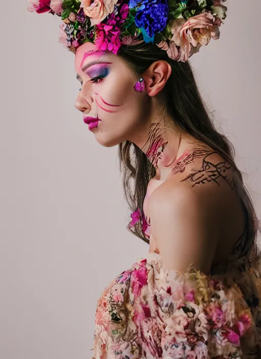 Image similar to a creative portrait of a beautiful female model, beauty shot, floral headpiece, floral painted backdrop, photography, creative makeup, face paint, female character, canon eos r 3, f / 1. 4, iso 2 0 0, 1 / 1 6 0 s, 8 k, raw, unedited, symmetrical balance, in - frame