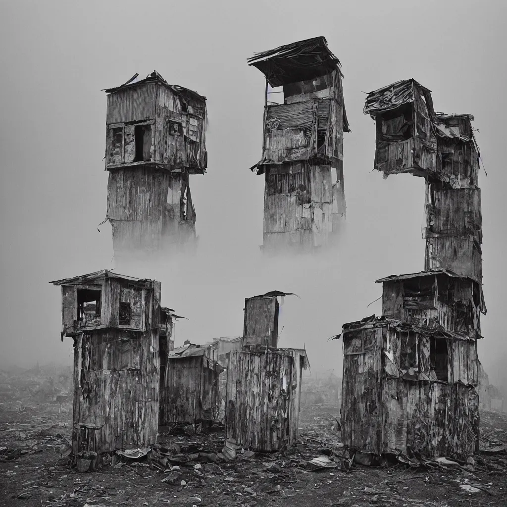 Image similar to two towers, made up of makeshift squatter shacks with faded colours in philippines, moody cloudy sky, uneven fog, dystopia, mamiya, f 1 1, fully frontal view, photographed by jeanette hagglund