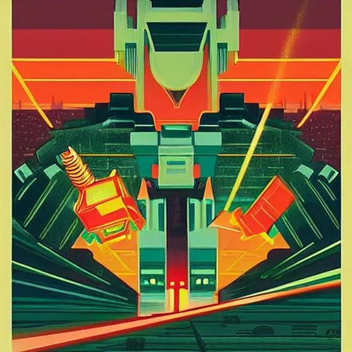 Prompt: an art deco painting of giant robots stomping on cities, and shooting laser beams from their eyes, city on fire, by tom whalen, behance contest winner, retrofuturism, poster art, reimagined by industrial light & magic