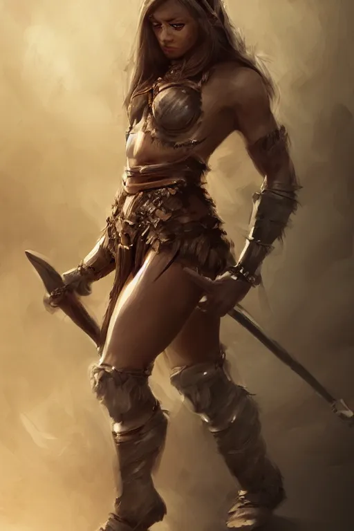 Prompt: head and legs portrait of a barbarian female, ultra sharp, very detailed, high quality focus by wlop